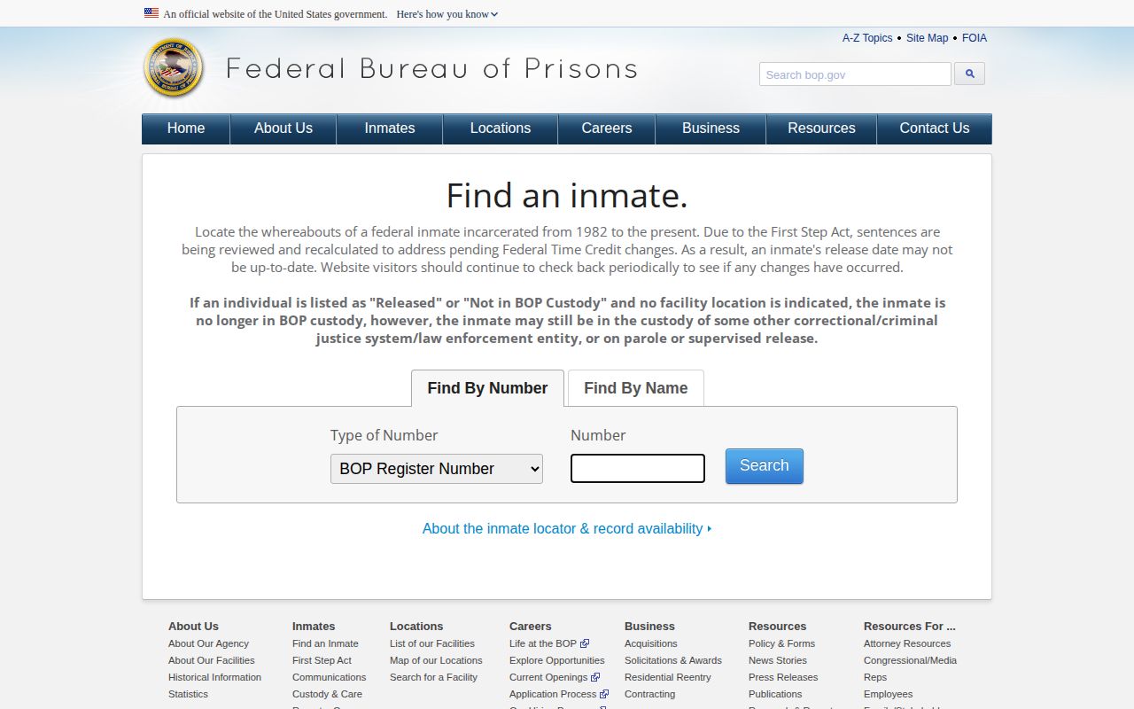 Federal Bureau of Prisons release locator for a Lee County case