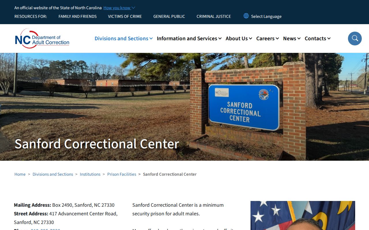 Sanford Correctional Center state prison and release source